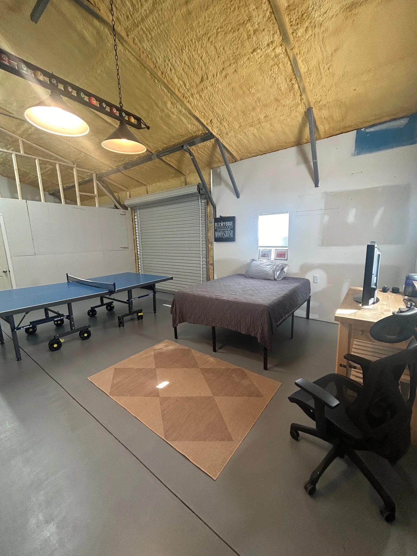 Game room with blue ping pong table, queen bed, industrial lights, and garage door