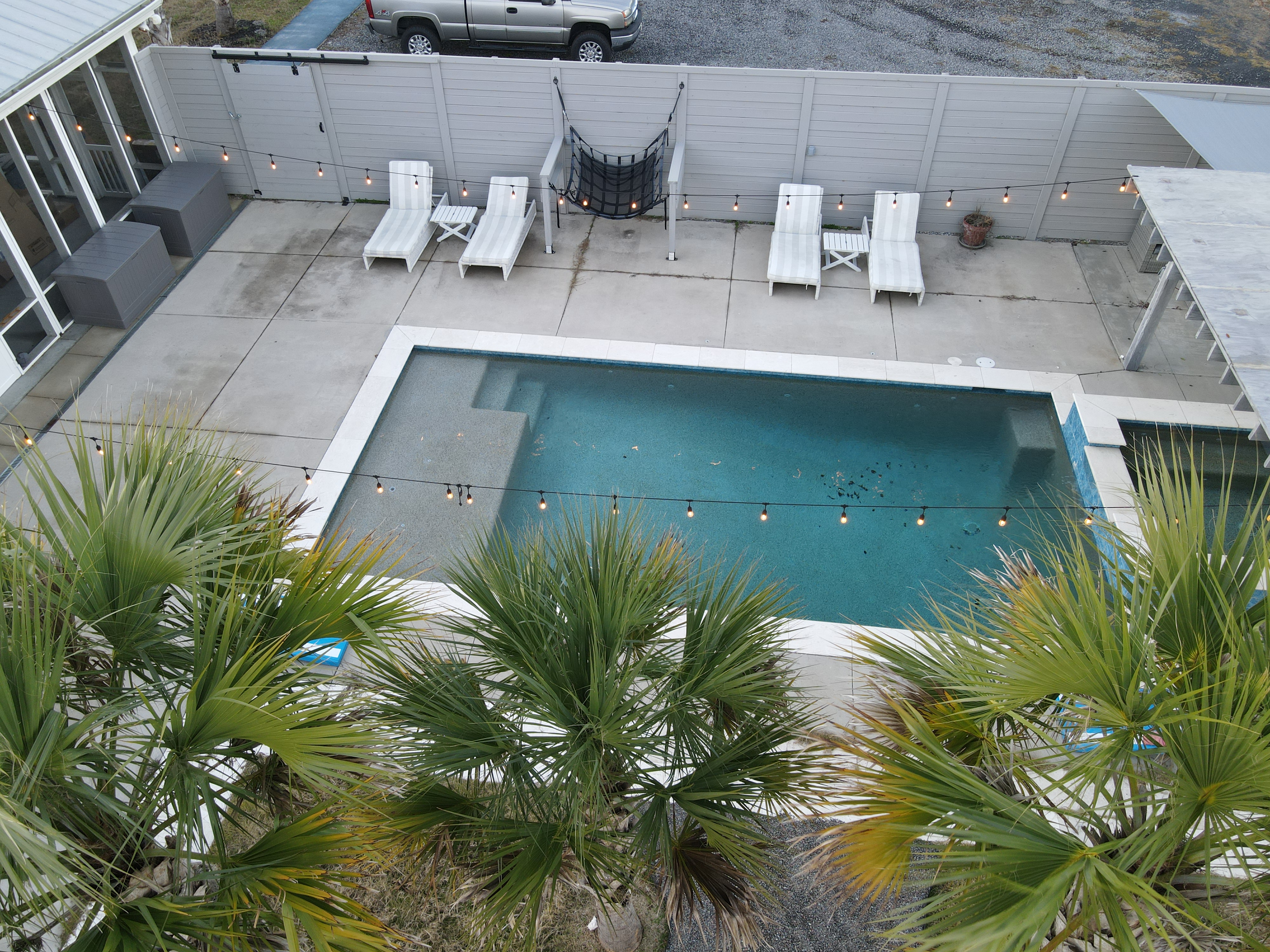 Overhead view of turquoise pool framed by palmetto fronds with Edison string lights